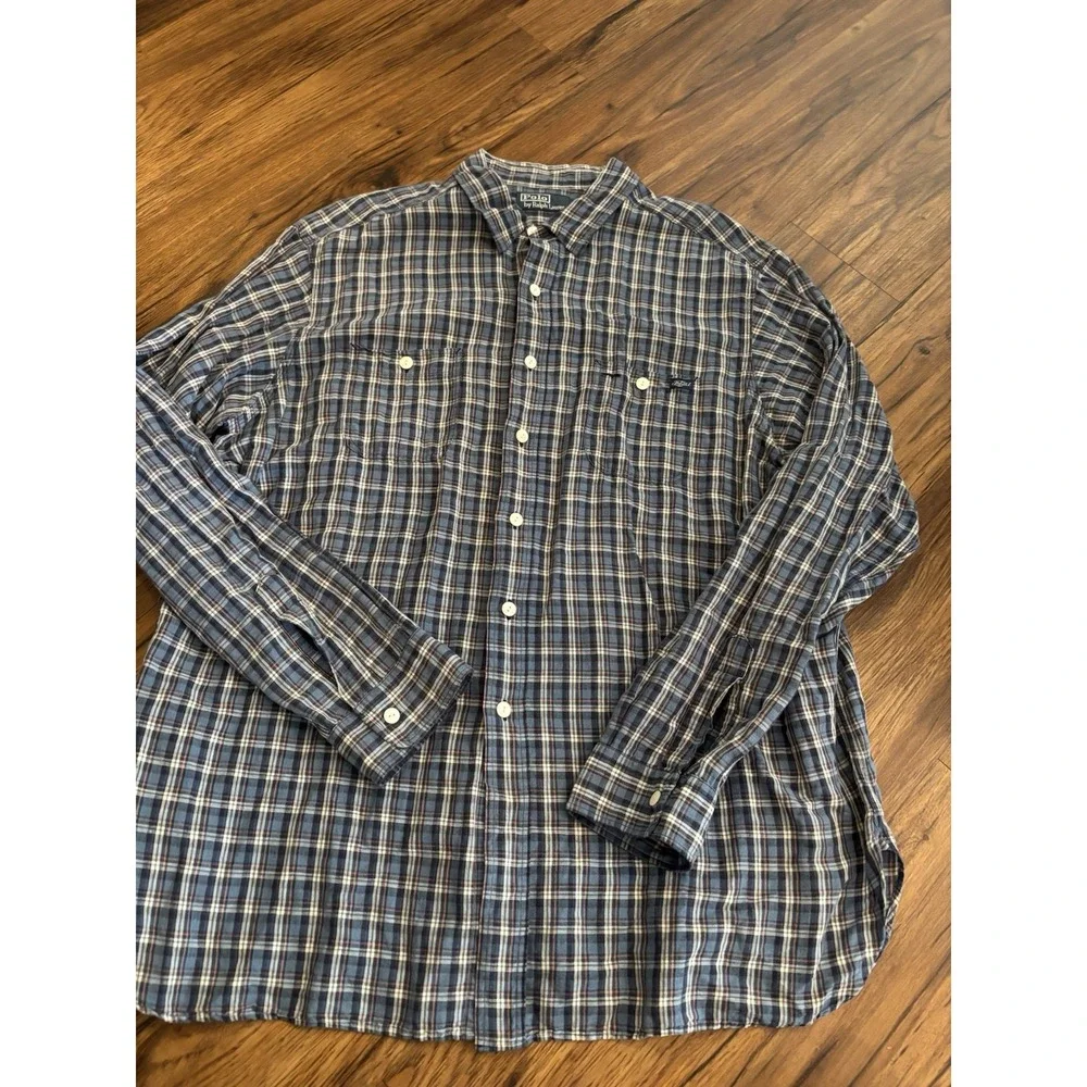 Polo Ralph Lauren Linen Blend Plaid Shirt Mens XXL Long Sleeve Button Down Blue